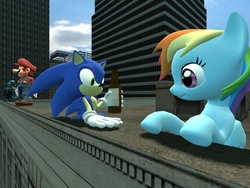 Size: 1024x768 | Tagged: safe, artist:migueruchan, rainbow dash, g4, 3d, crossover, gmod, male, mario, sonic the hedgehog, sonic the hedgehog (series), super mario bros.