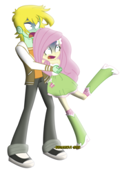 Size: 752x1063 | Tagged: safe, artist:jucamovi1992, fluttershy, oc, oc:speed wave, equestria girls, g4, boots, clothes, cute, high heel boots, hug, jacket, pants, raised leg, scared, shoes, simple background, skirt, sneakers, socks, tank top, transparent background