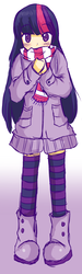 Size: 576x1924 | Tagged: safe, artist:applestems, twilight sparkle, human, g4, blushing, boots, bundled up for winter, clothes, coat, female, humanized, jacket, scarf, socks, solo, thigh highs, winter outfit