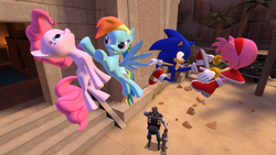 Size: 1366x768 | Tagged: safe, artist:migueruchan, pinkie pie, rainbow dash, g4, 3d, abuse, amy rose, amybuse, crossover, demoman, demoman (tf2), gmod, male, pinkiebuse, sonic the hedgehog, sonic the hedgehog (series), team fortress 2