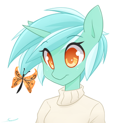 Size: 5000x5000 | Tagged: safe, artist:thezealotnightmare, lyra heartstrings, butterfly, anthro, g4, absurd resolution, bust, clothes, colored pupils, cute, female, lyrabetes, portrait, simple background, smiling, solo, sweater, white background