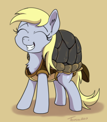 Size: 700x800 | Tagged: safe, artist:tehflah, derpy hooves, pony, g4, clothes, costume, cute, eyes closed, female, grin, simple background, smiling, solo, turtle shell