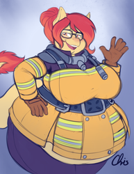 Size: 2550x3300 | Tagged: safe, artist:nekocrispy, oc, oc only, oc:flamespitter, hybrid, anthro, bbw, belly, big belly, big breasts, blushing, breasts, clothes, cosplay, costume, fat, female, high res, mei, obese, overwatch, overweight, pants, solo, thunder thighs, wide hips