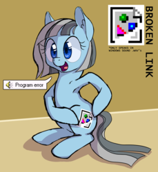 Size: 800x875 | Tagged: safe, artist:tehflah, oc, oc only, oc:broken link, earth pony, pony, armpits, dialogue, microsoft windows, open mouth, sitting, solo