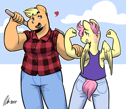 Size: 1280x1106 | Tagged: safe, artist:rwl, applejack, fluttershy, earth pony, pegasus, anthro, g4, applejacked, buff, burly, butch, clothes, female, freckles, height difference, lesbian, lumberjack, mare, muscles, ship:appleshy, shipping, size difference, tank top
