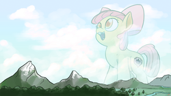 Size: 4800x2700 | Tagged: safe, artist:docwario, apple bloom, earth pony, pony, g4, big enough, female, filly, giant pony, high res, i am a big pony, jimmy barnes, kirin j callinan, macro, mountain, open mouth, solo