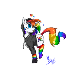 Size: 1417x1417 | Tagged: safe, artist:nsilverdraws, oc, oc only, oc:radical rainbow, pony, unicorn, clothes, hoodie, rainbow hair, rainbow socks, rainbow tail, simple background, socks, solo, striped socks, tongue out, white background