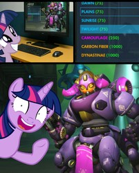 Size: 1391x1728 | Tagged: safe, twilight sparkle, g4, blizzard entertainment, computer, crossover, game, happy, orisa, overwatch, pony reference, reaction, reference, video game