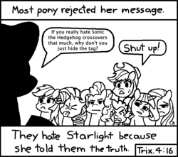 Size: 714x630 | Tagged: safe, artist:threetwotwo32232, applejack, fluttershy, pinkie pie, rainbow dash, rarity, spike, starlight glimmer, twilight sparkle, g4, chick tract, crossover, drama, exploitable meme, jack chick, jesus christ, male, mane seven, mane six, meme, meta, most people rejected his message, religion, sonic drama, sonic the hedgehog, sonic the hedgehog (series), the truth