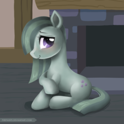 Size: 600x600 | Tagged: safe, artist:piripaints, marble pie, earth pony, pony, g4, blushing, cute, female, hair over one eye, marblebetes, mare, sitting, solo, updated