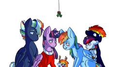 Size: 1754x970 | Tagged: safe, artist:alex-key-smash, rainbow dash, twilight sparkle, oc, alicorn, pony, g4, blushing, christmas, clothes, costume, ear piercing, earring, female, jewelry, lesbian, magical lesbian spawn, mistletoe, offspring, parent:rainbow dash, parent:twilight sparkle, parents:twidash, piercing, santa costume, ship:twidash, shipping, simple background, twilight sparkle (alicorn), white background