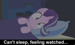 Size: 1600x973 | Tagged: safe, artist:agrol, starlight glimmer, pony, unicorn, starlight and the strange castle, g4, bed, blanket, bronybait, can't sleep, caption, cs captions, female, looking at you, mare, pillow, solo, wide eyes, youtube link