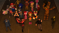 Size: 1280x720 | Tagged: safe, artist:kjmusicalx, fluttershy, pinkie pie, scootaloo, sunset shimmer, human, mewtwo, elements of insanity, equestria girls, g4, 3d, apocalypse, bonnie (fnaf), bubble berry, charmy bee, combine, crossover, five nights at freddy's, fleeing, foxy, h2odelirious, half-life, half-life 2, hunter, jontron, male, mario, marionette, markiplier, panic, panicking, pinkamena diane pie, pinkis cupcake, pokémon, rule 63, running away, shocked, soldier, soldier (tf2), sonic the hedgehog, sonic the hedgehog (series), source filmmaker, spy, spy (tf2), super mario bros., team fortress 2, vanossgaming