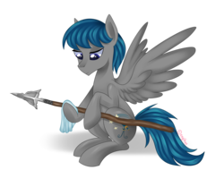 Size: 4300x3600 | Tagged: safe, artist:kaikururu, oc, oc only, oc:perseus, pegasus, pony, high res, male, simple background, sitting, solo, spear, stallion, transparent background, weapon