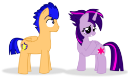 Size: 1021x620 | Tagged: safe, artist:763lilypadpandaowl, flash sentry, twilight sparkle, alicorn, pegasus, pony, unicorn, g4, alternate hairstyle, duo, female, male, punklight sparkle, ship:flashlight, shipping, simple background, straight, transparent background, twilight sparkle (alicorn)