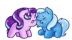 Size: 648x360 | Tagged: safe, artist:unclecucky, starlight glimmer, trixie, pony, unicorn, g4, :t, blushing, chibi, cute, diatrixes, duo, eyes closed, female, glimmerbetes, happy, heart, lesbian, mare, nuzzling, open mouth, raised hoof, ship:startrix, shipping, simple background, smiling, squishy cheeks, transparent background