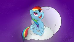 Size: 1191x670 | Tagged: safe, artist:my-little-poni, rainbow dash, pony, g4, cloud, female, full moon, moon, night, night sky, open mouth, smiling, solo