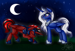 Size: 1900x1300 | Tagged: safe, artist:jack-pie, princess luna, oc, alicorn, pony, g4, alicorn oc, armor, blushing, bowing, canon x oc, commission, crescent moon, helmet, male, moon, night guard, shipping, signature, smiling, stallion