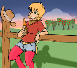 Size: 672x594 | Tagged: safe, artist:dj-black-n-white, oc, oc only, oc:gala, satyr, alcohol, bandana, beer, clothes, cowboy hat, hat, parent:big macintosh, relaxing, shadow, shorts, stetson, sunset, sweet apple acres