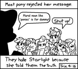 Size: 714x630 | Tagged: safe, artist:threetwotwo32232, applejack, fluttershy, pinkie pie, rainbow dash, rarity, spike, starlight glimmer, twilight sparkle, g4, chick tract, exploitable, exploitable meme, grammar nazi, jack chick, mane six, meme, meta, most people rejected his message, template