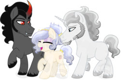 Size: 1024x680 | Tagged: safe, artist:tambelon, king sombra, oc, oc only, oc:opalescent pearl, oc:prince topaz, crystal pony, pony, unicorn, g4, canon x oc, female, jewelry, male, mare, oc x oc, shipping, sombralescent, stallion, topalescent, watermark