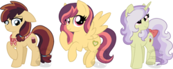 Size: 1506x600 | Tagged: safe, artist:tambelon, oc, oc only, oc:honeydew orchard, oc:quince jam, oc:spring bouquet, earth pony, pegasus, pony, unicorn, female, mare, watermark