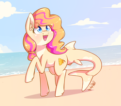 Size: 3276x2880 | Tagged: safe, artist:dsp2003, oc, oc only, oc:bombshell, original species, shark pony, beach, cute, dsp2003 is trying to murder us, ear fluff, female, high res, ocean, open mouth, species swap