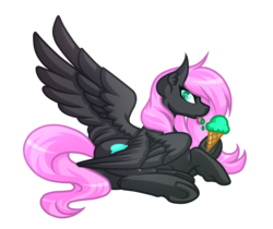 Size: 4312x3628 | Tagged: safe, artist:amazing-artsong, oc, oc only, oc:cream cloud, pegasus, pony, colored pupils, dexterous hooves, female, food, high res, ice cream, ice cream cone, licking, mare, prone, simple background, solo, tongue out, transparent background
