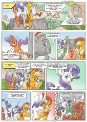 Size: 3490x4890 | Tagged: safe, artist:xeviousgreenii, applejack, rarity, scootaloo, oc, oc:trunkington, elephant, fly, comic:the temple of bloom, g4, absurd resolution, comic, flower, hat, map, mud, muddy, pith helmet, road sign, saddle bag, swatting, tail slap, tail whip, traditional art, tree