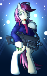 Size: 891x1440 | Tagged: safe, artist:deyogee, roseluck, pony, semi-anthro, g4, clothes, crossover, doctor who, ear piercing, earring, female, gun, jewelry, piercing, rose tyler, solo, tongue out, weapon
