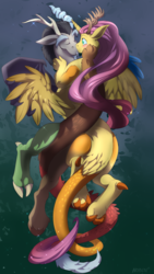 Size: 1080x1920 | Tagged: dead source, safe, artist:noben, discord, fluttershy, alicorn, draconequus, pony, g4, alicornified, blushing, commission, cute, draconequified, female, fluttercorn, flutterequus, holding wings, kissing, male, mismatched horns, mismatched wings, race swap, ship:discoshy, shipping, shyabetes, species swap, straight, symmetrical, wings