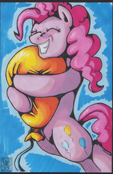 Size: 1172x1795 | Tagged: safe, artist:stormblaze-pegasus, pinkie pie, earth pony, pony, g4, balloon, eyes closed, female, grin, hug, mare, simple background, smiling, solo, that pony sure does love balloons, traditional art