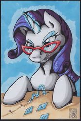 Size: 570x855 | Tagged: safe, artist:stormblaze-pegasus, rarity, pony, g4, female, glasses, glowing horn, horn, magic, mare, sewing, sewing needle, simple background, smiling, solo, traditional art