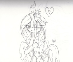 Size: 5647x4783 | Tagged: safe, artist:ethereal-desired, queen chrysalis, changeling, changeling queen, g4, absurd resolution, crying, female, monochrome, sad, solo, traditional art