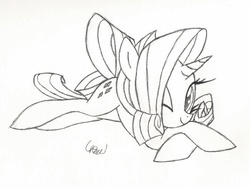 Size: 2311x1736 | Tagged: safe, artist:ethereal-desired, rarity, pony, g4, cute, female, monochrome, one eye closed, prone, raribetes, sketch, solo, traditional art, wink