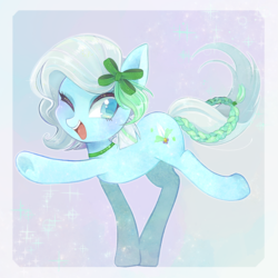 Size: 1200x1200 | Tagged: safe, artist:sibashen, oc, oc only, oc:azur lachrimae, crystal pony, pony, blushing, bow, choker, cute, gradient background, hair bow, happy, one eye closed, smiling
