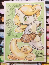 Size: 960x1280 | Tagged: safe, artist:mosamosa_n, carrot top, golden harvest, semi-anthro, g4, arm hooves, clothes, eating, female, food, sandwich, school uniform, schoolgirl, solo, traditional art, watercolor painting