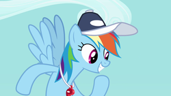 Size: 1280x720 | Tagged: safe, screencap, rainbow dash, pony, g4, hurricane fluttershy, cap, coach rainbow dash, excited, female, hat, mare, raised hoof, solo, spread wings, whistle