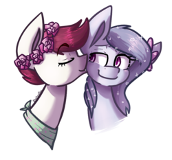 Size: 802x746 | Tagged: safe, artist:crownedspade, oc, oc only, oc:evelyn, oc:premiere amour, earth pony, pony, bust, female, floral head wreath, flower, kissing, lesbian, mare, portrait, simple background, transparent background