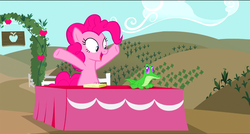 Size: 1360x730 | Tagged: safe, screencap, gummy, pinkie pie, pony, castle mane-ia, g4, happy, open mouth, sweet apple acres, table
