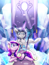 Size: 1500x2000 | Tagged: safe, artist:vavacung, princess cadance, prismia, oc, pegasus, pony, unicorn, g4, my little pony chapter books, my little pony: twilight sparkle and the crystal heart spell, :3, artist interpretation, cadmia, collar, crack shipping, crystal empire, female, glowing horn, horn, leash, looking up, mare, pegasus cadance, pet play, shipping, throne