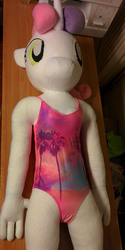 Size: 750x1500 | Tagged: safe, artist:pixie panda plush, derpibooru exclusive, sweetie belle, anthro, g4, anthro plushie, clothes, irl, one-piece swimsuit, photo, plushie, swimsuit