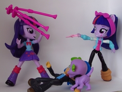 Size: 1200x900 | Tagged: safe, artist:whatthehell!?, derpibooru exclusive, flash sentry, spike, twilight sparkle, dog, equestria girls, g4, doll, equestria girls minis, eqventures of the minis, fight, spike the dog, toy, tripod