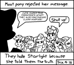 Size: 714x630 | Tagged: safe, artist:threetwotwo32232, applejack, fluttershy, pinkie pie, rainbow dash, rarity, starlight glimmer, twilight sparkle, g4, chick tract, exploitable meme, mane six, meme, most people rejected his message, the truth