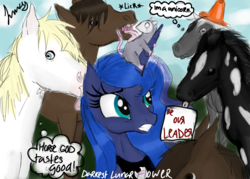 Size: 4823x3445 | Tagged: safe, artist:darkest-lunar-flower, princess luna, tiberius, alicorn, horse, pony, g4, absurd resolution, hoers, horse-pony interaction, horses doing horse things, licking, tongue out, traffic cone, traffic cone unicorn, worried