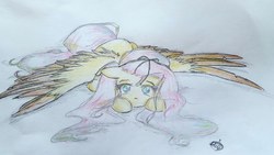 Size: 4730x2660 | Tagged: safe, artist:dotoli, fluttershy, g4, female, high res, long mane, lying down, solo, spread wings, traditional art