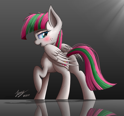 Size: 2200x2063 | Tagged: safe, artist:duskie-06, blossomforth, pegasus, pony, g4, blushing, butt, female, fluffy, high res, looking back, plot, raised hoof, reflection, shadow, solo