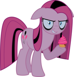 Size: 5470x5667 | Tagged: safe, artist:osipush, pinkie pie, earth pony, pony, g4, absurd resolution, corrupted, cupcake, edgy, emo, evil grin, female, food, grin, looking at you, pinkamena diane pie, simple background, smiling, solo, transparent background