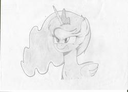Size: 2339x1684 | Tagged: safe, artist:chuliyagus, princess luna, g4, female, frown, grayscale, gritted teeth, monochrome, simple background, solo, traditional art