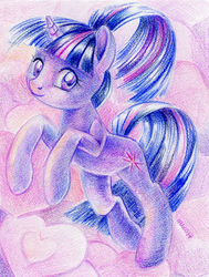 Size: 500x662 | Tagged: safe, artist:maytee, twilight sparkle, pony, unicorn, g4, alternate hairstyle, female, heart, ponytail, rearing, smiling, solo, traditional art